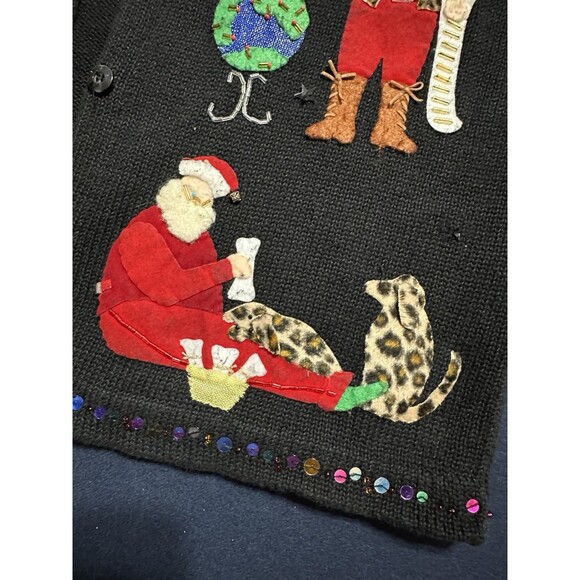 Christmas Sweater Santa Claus Susan Bristol Sz M Cowboy Pajamas Embellished VTG - Picture 13 of 16
